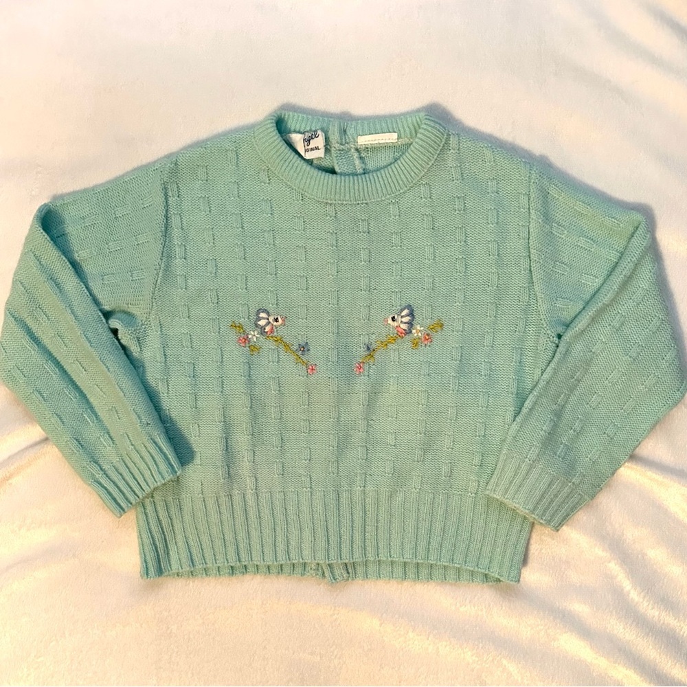 Vintage Little Angel Knit Mint Green Sweater Baby 18M Embroidered Birds onBranch